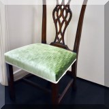 F28. Set of 8 English Chippendale style dining chairs upholstered in green velvet fabric. 